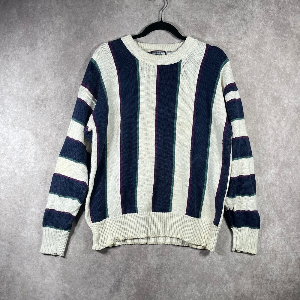 Vintage Halifax Outfitters Sweater Mens XL White Blue Striped Knit Crew Neck 90s